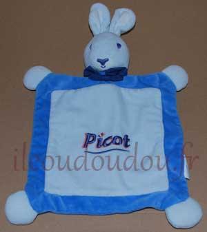 Doudou plat carré lapin bleu clair et foncé Picot, Marques pharmacie