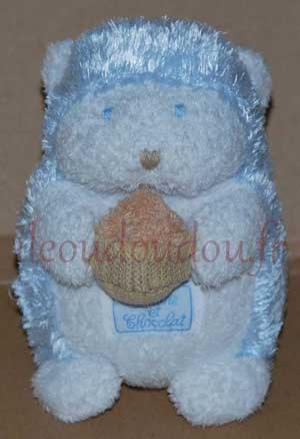 Peluche marmotte blanc et bleu tenant un muffin, petit modèle Tartine et Chocolat, Vintage