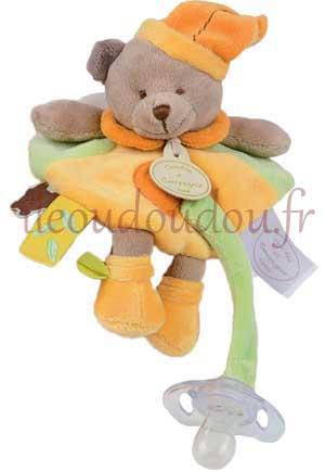 Doudou Mélis attache-tétine ours marron orange jaune et vert - DC2643 Doudou et compagnie