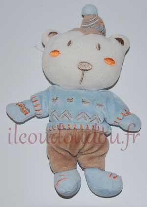 Peluche ours marron blanc et bleu Auchan