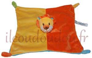 Doudou plat lion orange jaune et bleu Bambia