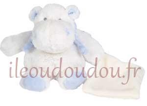 Peluche hippopotame blanc et bleu tenant un mouchoir - Petit modèle - DC2600 Doudou et compagnie