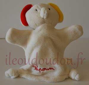 Doudou marionnette éléphant blanc rouge et jaune  Papoum Marques diverses