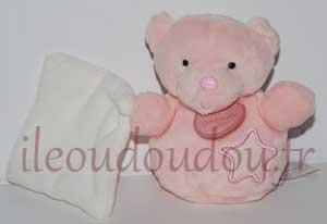 Peluche boule mini ours luminescent rose tenant un mouchoir - DC2321 Doudou et compagnie