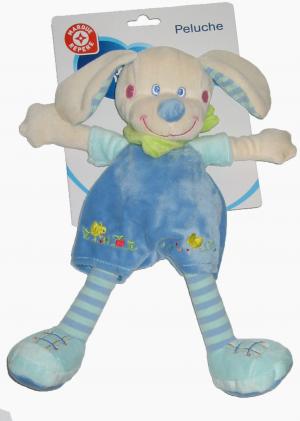 Doudou peluche chien bleu salopette, jambes rayées Mots d'enfant - Leclerc