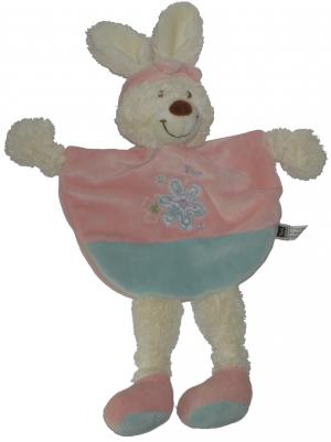 Doudou lapin plat demi-cercle rose, longs bras et jambes, fleurs et papillons brodés Tex Baby