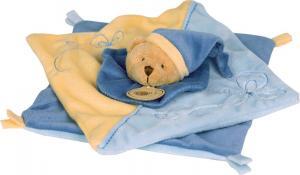Doudou ours plat carré noeuds bleu et jaune Baby Nat