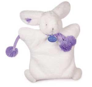 Marionnette lapin  blanc Pompon violet lavande DC2742 Doudou et compagnie