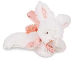Peluche mini lapin Pompon attache-tétine blanc et rose corail - DC2676 Doudou et compagnie
