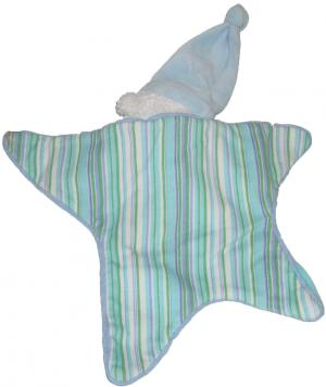 Doudou ours plat bleu, vert, blanc lagon en forme d'étoile, bonnet