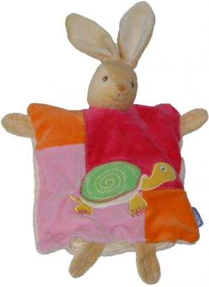 Doudou lapin plat marionnette patchwork rose et orange, tortue brodée Kaloo
