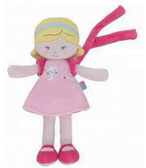 Doudou poupée  attache-tétine rose et fuschia Sucre d'Orge