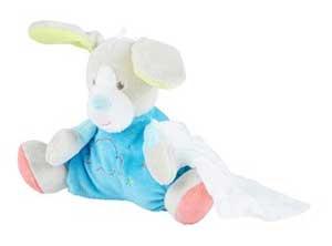 Peluche chien lapin cajou gris bleu jaune et rose Sucre d'Orge