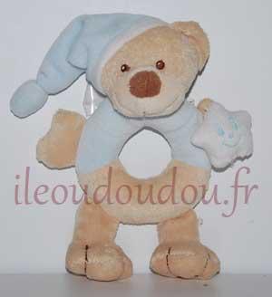 Hochet ours marron bleu et blanc Bout'Chou, , Nattou