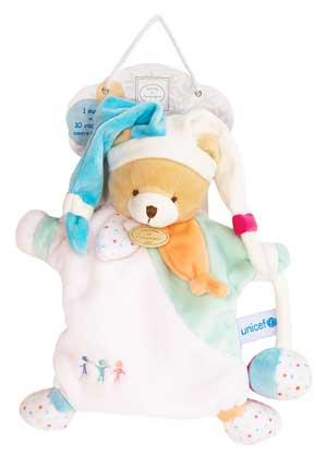 Marionnette ours UNICEF blanc et bleu - DC2457 Doudou et compagnie