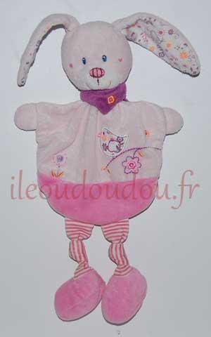 Doudou lapin plat demi-cercle rose, longs bras et jambes, fleurs et rayures Tex Baby