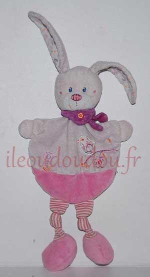 Doudou lapin plat demi-cercle rose, longs bras et jambes, fleurs et rayures Tex Baby