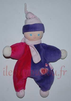Doudou poupée lutin violet, fuschia et rose, bonnet, écharpe et coeur brodé Corolle, Vintage