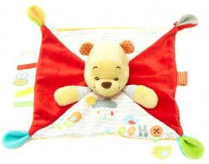 Doudou plat carré attache-tétine Winnie jaune, orange, et rouge Disney Baby, Nicotoy, Simba Toys (Dickie)