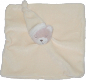 Doudou ours dormeur plat carré beige blanc crème, bonnet Kimbaloo - La Halle
