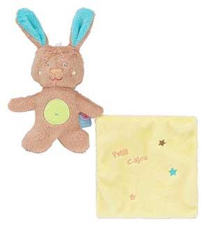Peluche lapin marron et bleu tenant un mouchoir vert Sucre d'Orge
