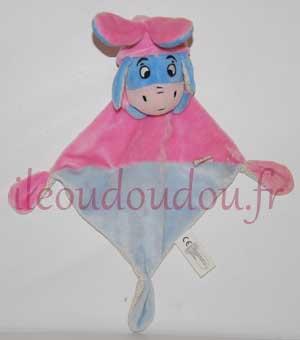 Doudou Bourriquet plat rose et bleu, capuche, oreilles de lapin Nicotoy, Kiabi - Kitchoun, Disney Baby