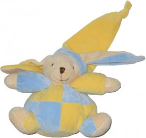 Peluche lapin boule jaune et bleu, long bonnet CMP un rêve de bébé