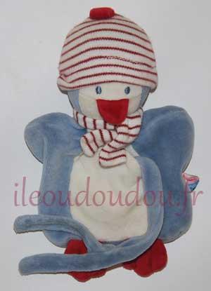 Pingouin attatche-tétine bleu, blanc et rouge Sucre d'Orge