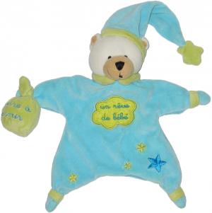 Doudou ours marionnette bleu, vert et blanc, bonnet étoile, sac de poudre à dormir, un bébé de rêve CMP un rêve de bébé