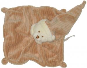 Doudou ours plat carré marron et blanc, bonnet, velours côtelé CMP un rêve de bébé