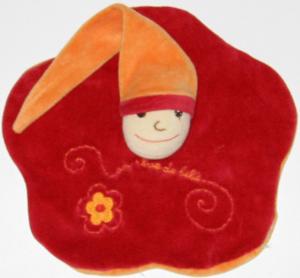 Doudou lutin plat rouge foncé et orange, long bonnet CMP un rêve de bébé