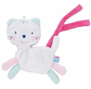 Doudou chat attahe-tétine blanc, vert et rose Sucre d'Orge