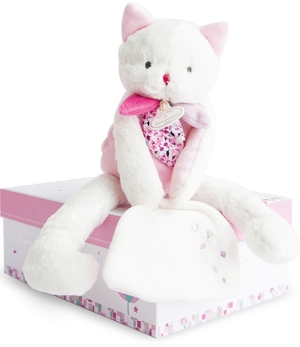 Peluche chat rose et blanc tenant un mouchoir * Les gommettes* - DC2968 Doudou et compagnie