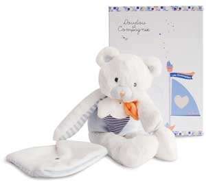 Peluche ours blanc, bleu et orange tenant un mouchoir * Les gommettes* - DC2963 Doudou et compagnie