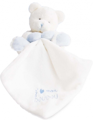 Peluche ours blanc et bleu tenant un mouchoir *J'♥ mon doudou* - DC2915 Doudou et compagnie