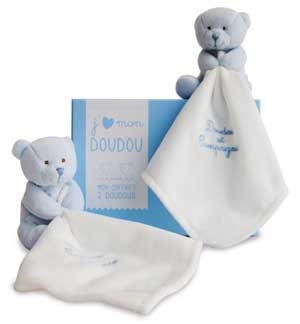 Duo d'ours bleu tenant un mouchoir blanc *J'♥ mon doudou* - DC2918 Doudou et compagnie