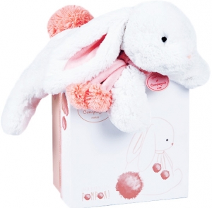 Peluche lapin blanc et rose corail Pompon - Moyen modèle - DC2686 Doudou et compagnie
