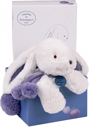 Peluche lapin blanc et bleu lavande Pompon - Moyen modèle - DC2685 Doudou et compagnie