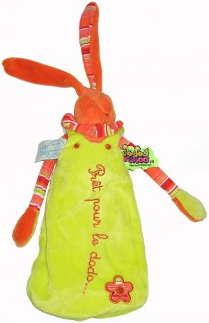 Doudou pantin Tatoo lapin orange dans sa douillette / gigoteuse verte Prêt pour le dodo... Doudou et compagnie