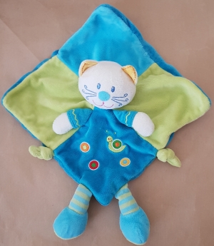 Doudou chat carré vert et bleu Nicotoy, Kiabi - Kitchoun