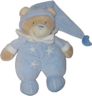 Doudou ours bleu étoile brodées, long bonnet avec lune Nicotoy