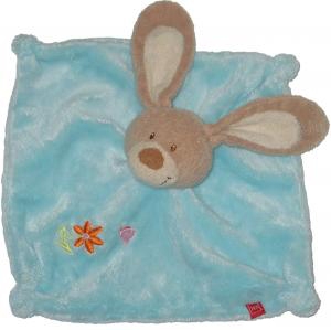 Doudou lapin bleu et marron carré plat, fleur et papillon brodés Tex Baby