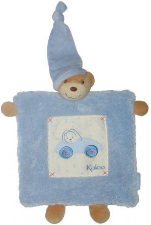 Doudou ours plat carré bleu, décor voiture, bonnet, collection Blue Kaloo