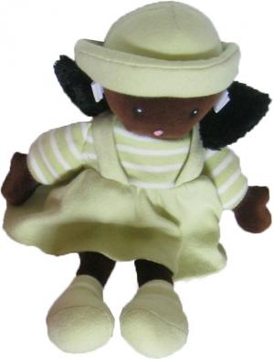 Doudou poupée chiffon noire tissu velours robe et chapeau vert Nounours, Vintage