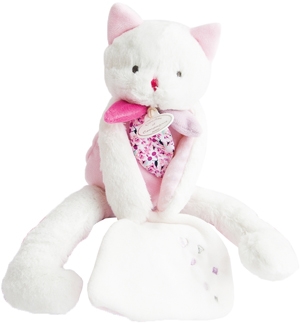 Peluche chat rose et blanc tenant un mouchoir * Les gommettes* - DC2968 Doudou et compagnie