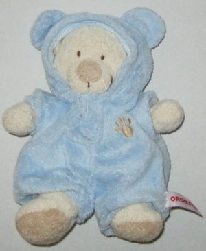 Peluche lapin crème déguisé en ours bleu