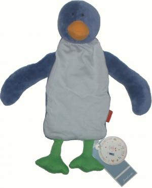Doudou pingouin plat bleu et vert grelot, collection Couleurs et Scoubidoux Jacadi