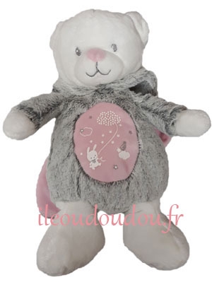 Peluche ours déguisé en lapin blanc gris et rose Mots d'enfant - Leclerc