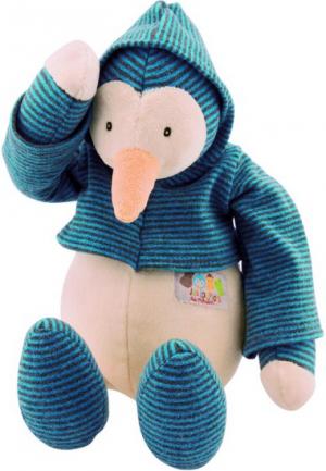 Doudou peluche Julien le pingouin habit rayé bleu et marron, collection les Loupiots Moulin Roty