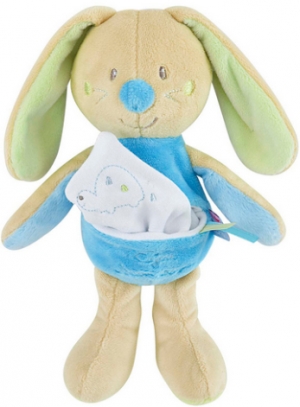 Doudou lapin bleu, beige et vert Cajou Sucre d'Orge